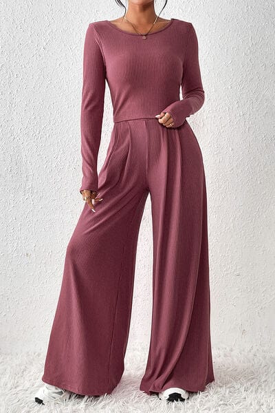 Light Gray Ribbed Round Neck Top and Wide-Leg Pants Set