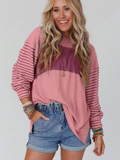 Gray Round Neck Striped Long Sleeve Slit T-Shirt