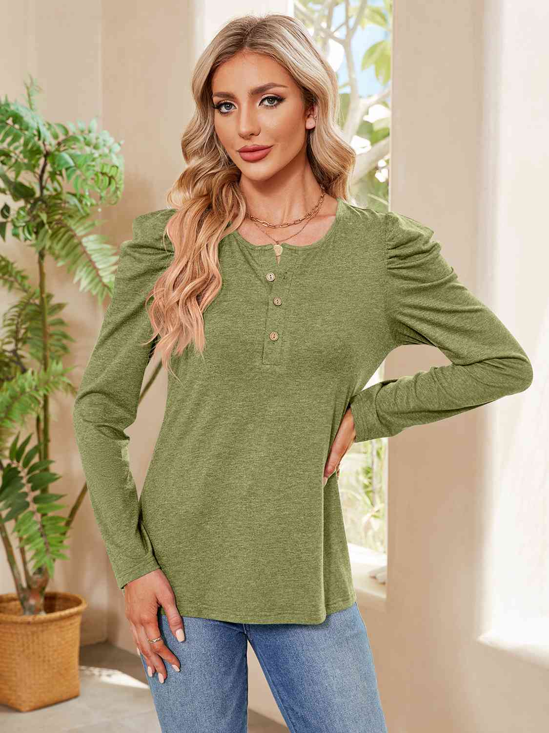 Rosy Brown Buttoned Round Neck Puff Sleeve T-Shirt