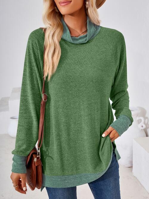 Dark Olive Green Contrast Mock Neck Long Sleeve T-Shirt