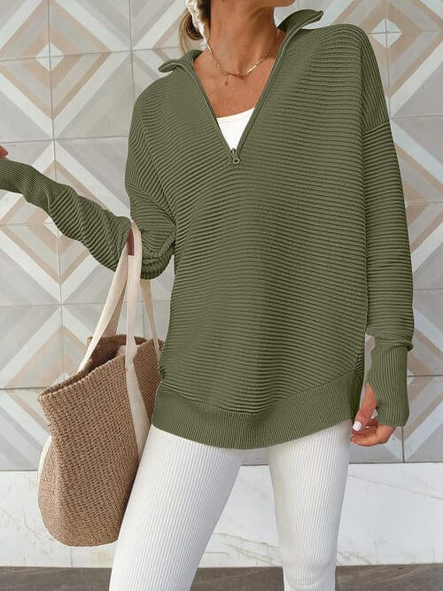 Rosy Brown Half Zip Long Sleeve Knit Top