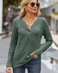 Dark Slate Gray Ribbed Half Button Long Sleeve Knit Top