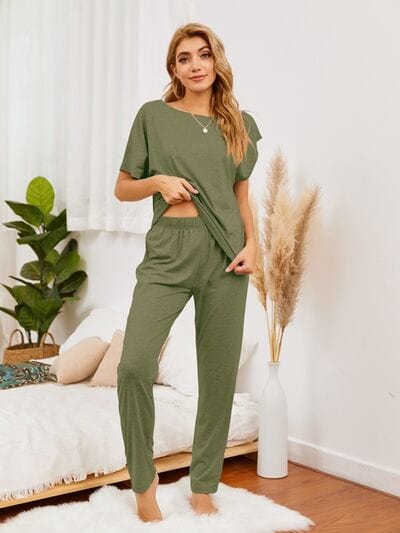 Light Gray Round Neck Top and Pants Lounge Set