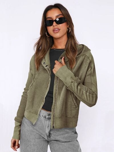 Dark Slate Gray Waffle-Knit Dropped Shoulder Hooded Jacket