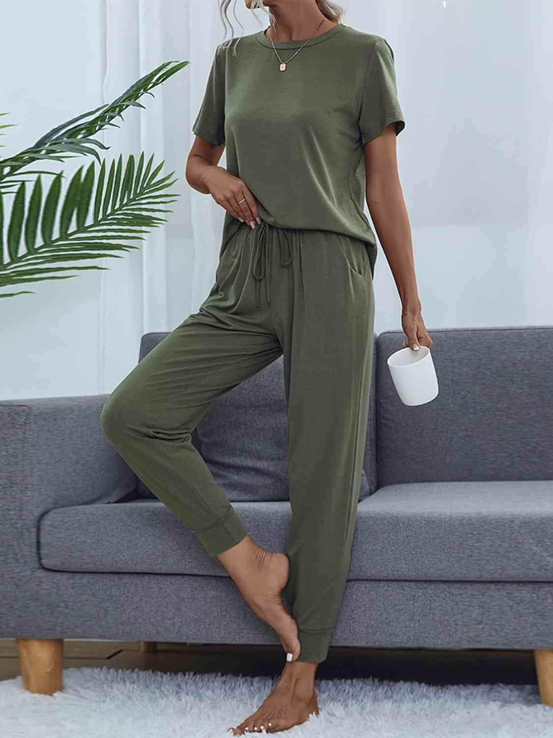 Dark Slate Gray Round Neck Short Sleeve Top and Pants Set