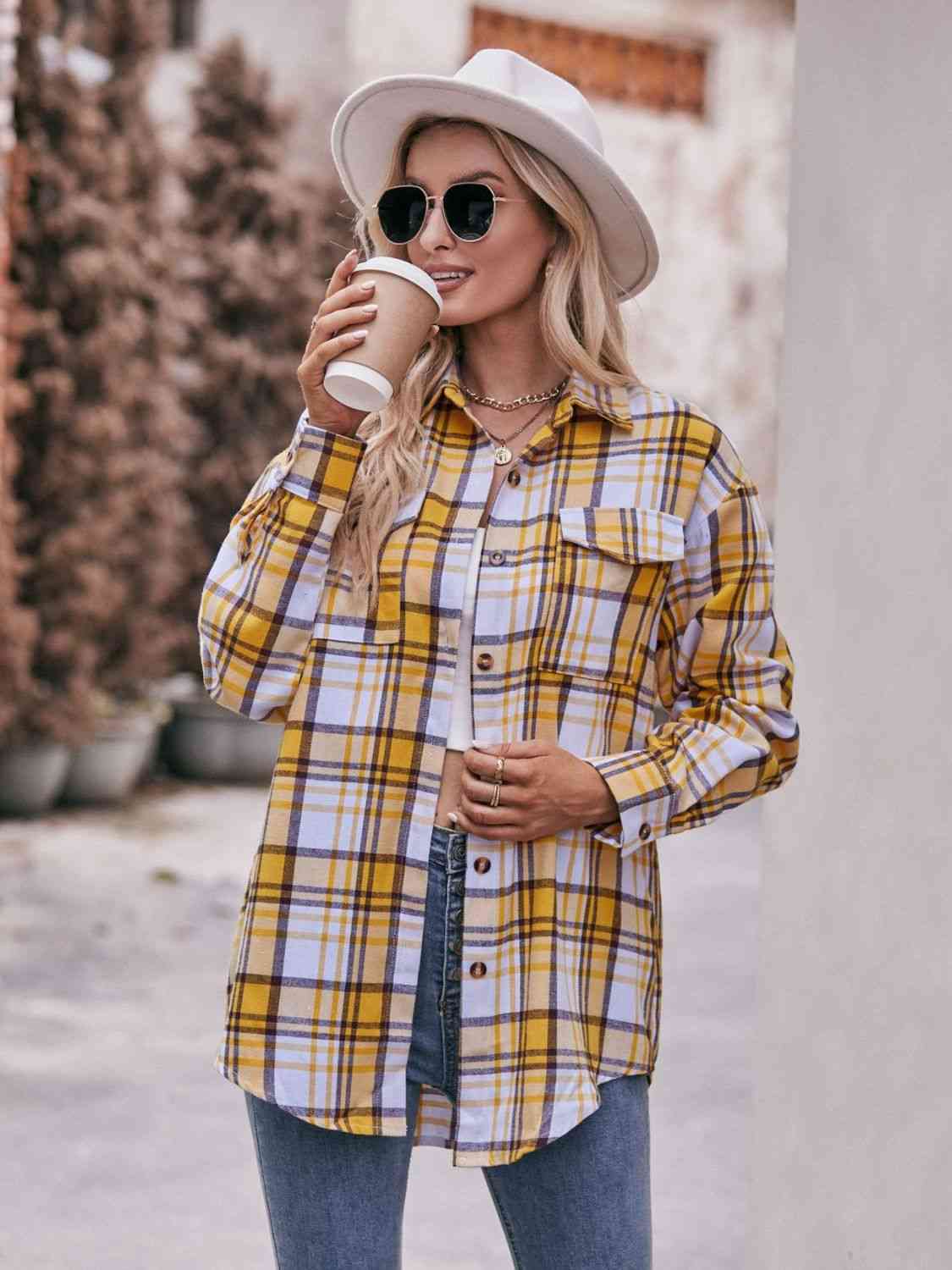 Gray Plaid Dropped Shoulder Longline Shirt