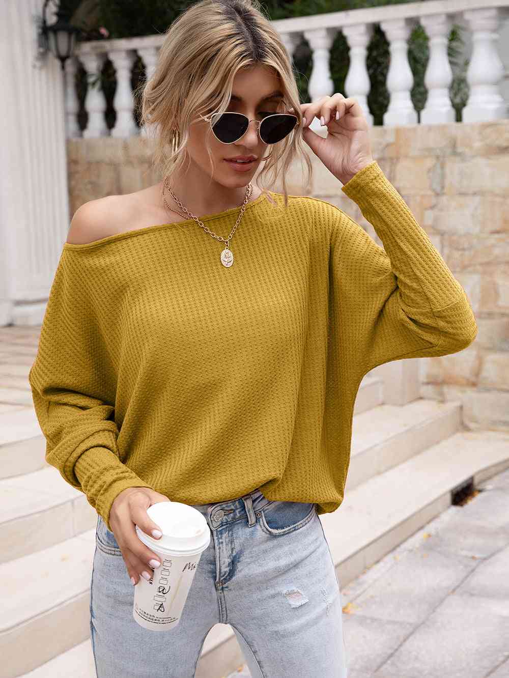 Gray Waffle-Knit Boat Neck Long Sleeve Top