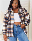 Dark Slate Gray Double Take Plaid Button Front Shirt Jacket with Breast Pockets