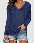 Dark Slate Gray Ruched V-Neck Long Sleeve T-Shirt