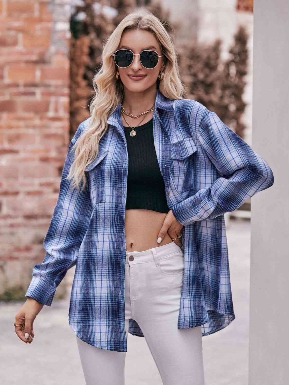 Dark Gray Plaid Dropped Shoulder Longline Shirt