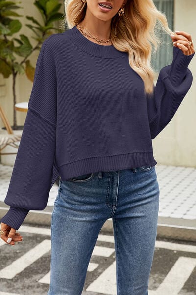 Dark Slate Gray Round Neck Dropped Shoulder Sweater