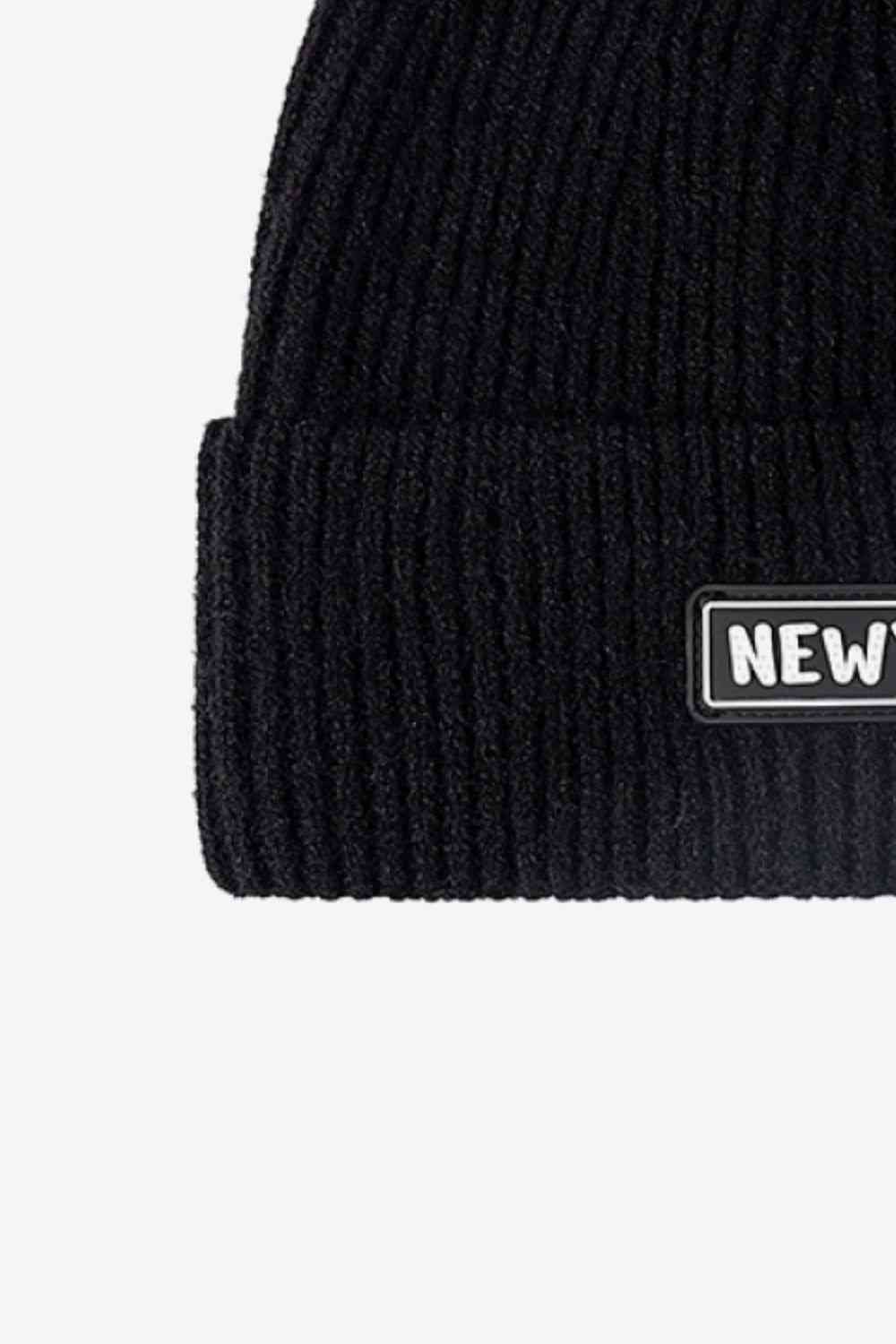 Black NEWYORK Patch Rib-Knit Cuffed Beanie