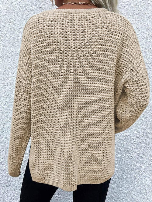 Gray Notched Long Sleeve Sweater