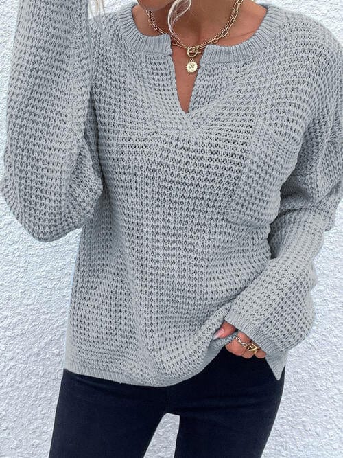 Gray Notched Long Sleeve Sweater