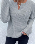 Gray Notched Long Sleeve Sweater