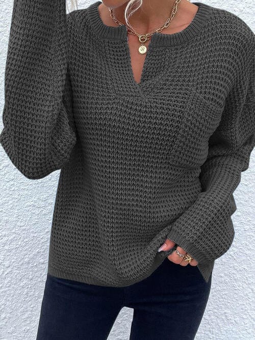 Dark Slate Gray Notched Long Sleeve Sweater