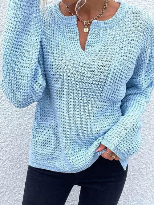 Light Blue Notched Long Sleeve Sweater