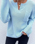 Light Blue Notched Long Sleeve Sweater