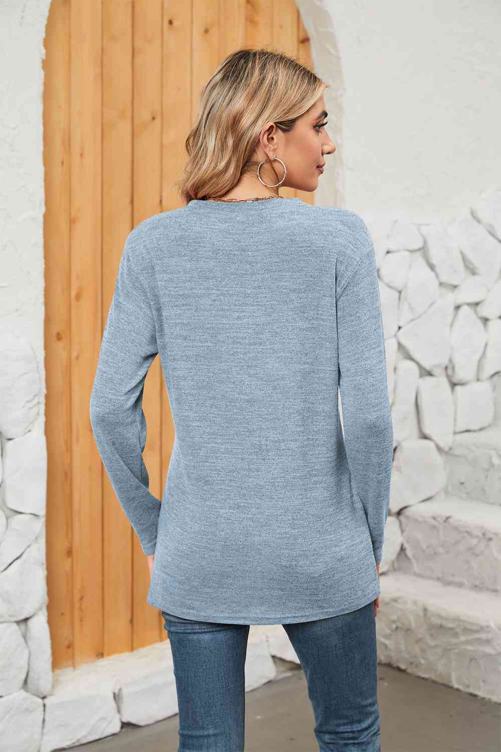 Gray Notched Neck Long Sleeve T-Shirt