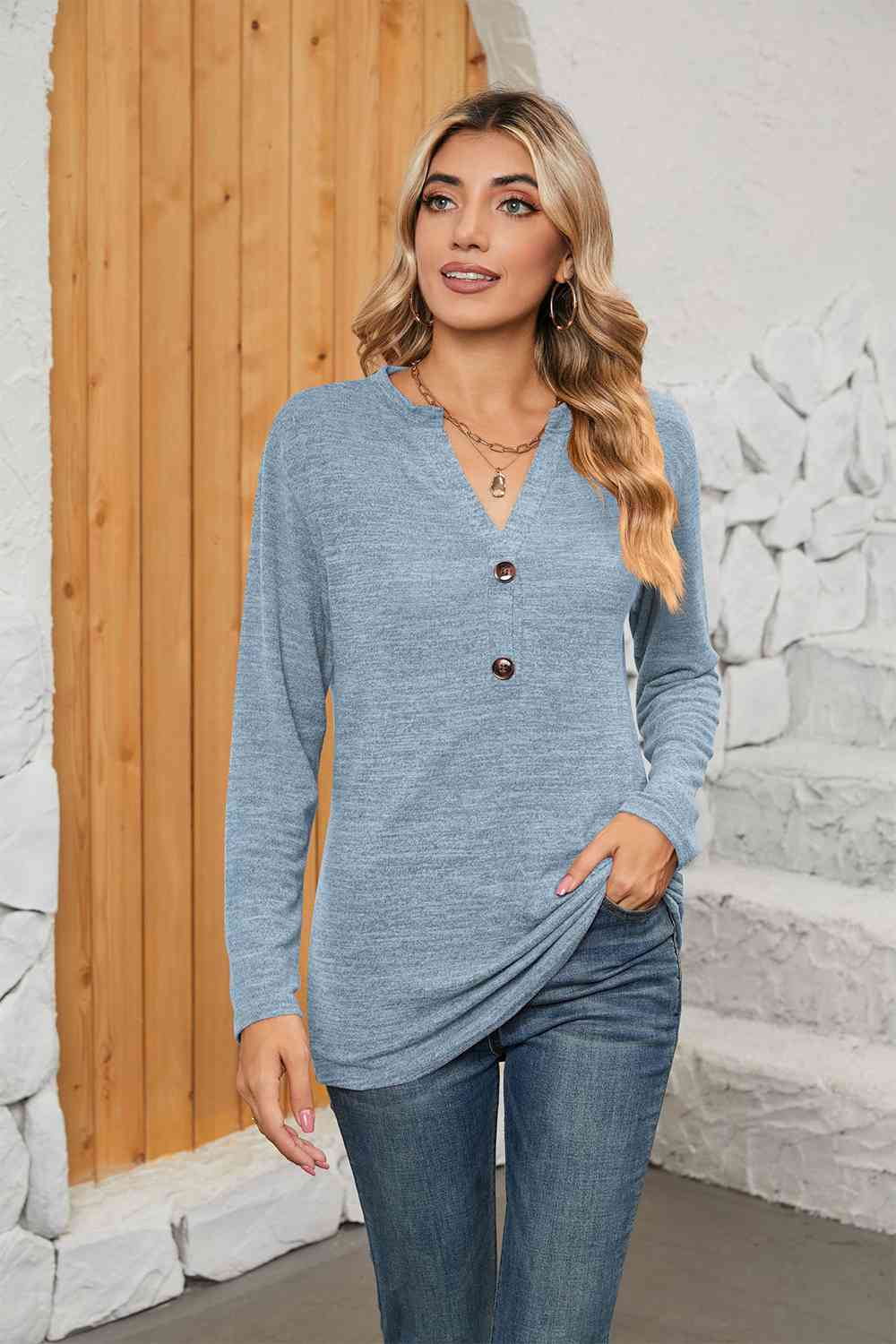 Gray Notched Neck Long Sleeve T-Shirt