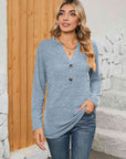 Gray Notched Neck Long Sleeve T-Shirt