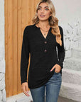 Rosy Brown Notched Neck Long Sleeve T-Shirt