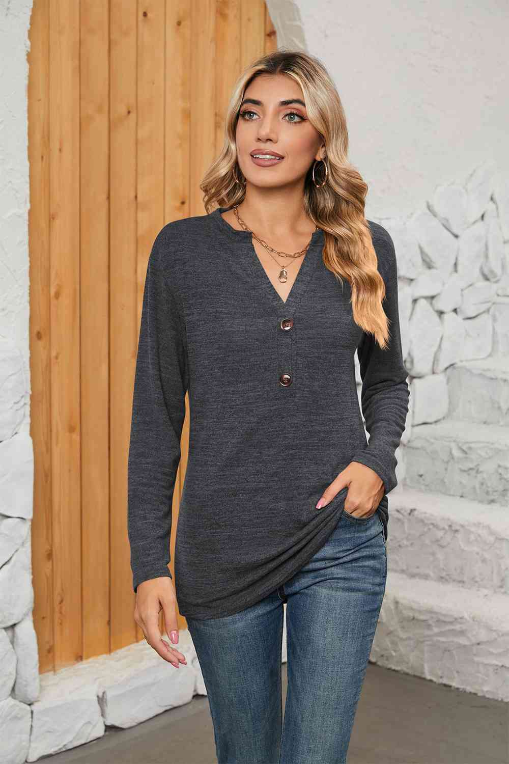 Dark Khaki Notched Neck Long Sleeve T-Shirt