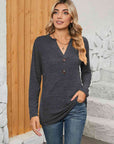 Dark Khaki Notched Neck Long Sleeve T-Shirt