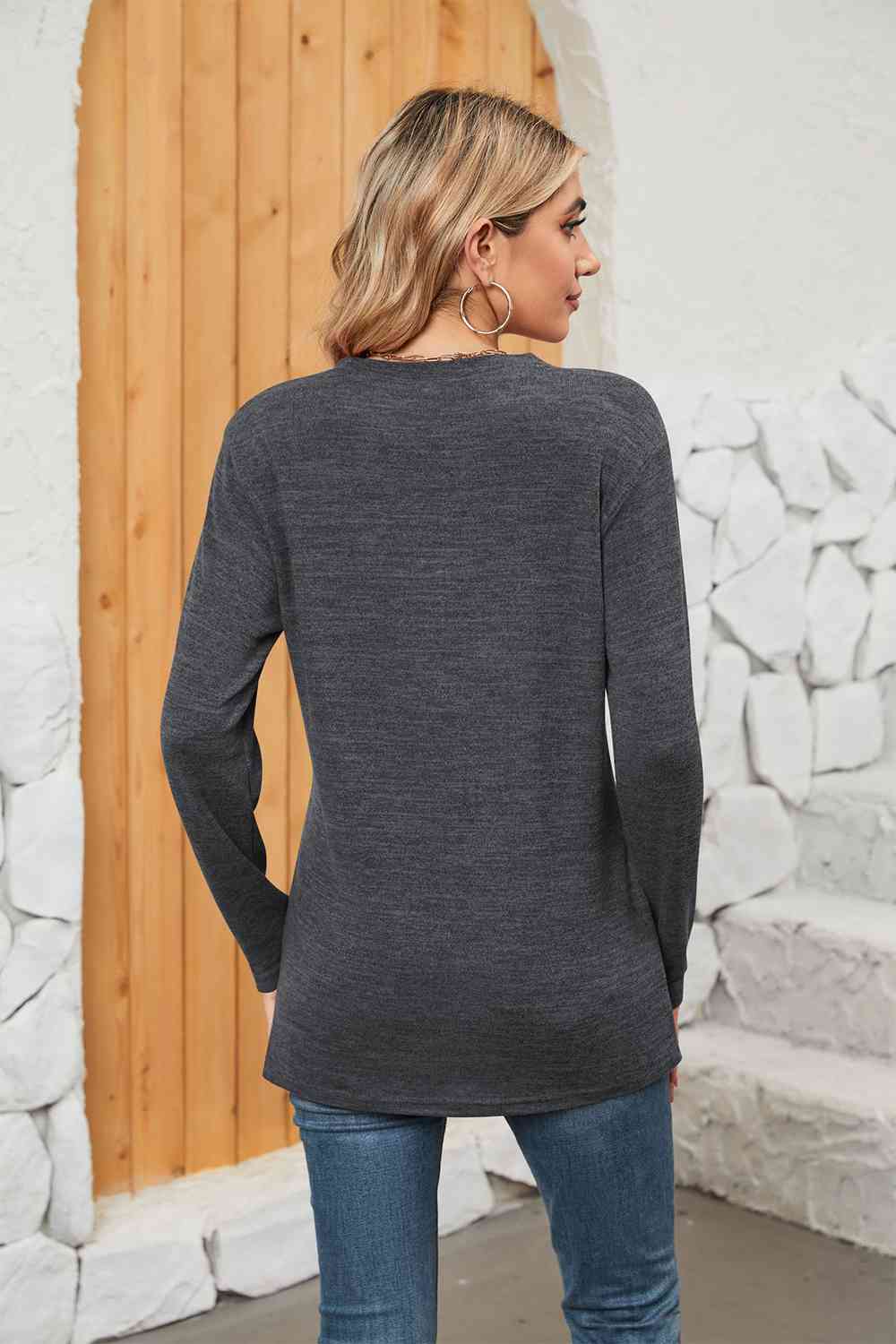 Dark Slate Gray Notched Neck Long Sleeve T-Shirt