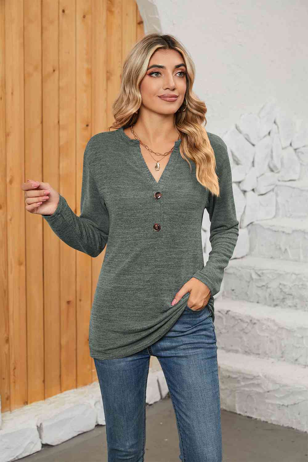 Rosy Brown Notched Neck Long Sleeve T-Shirt