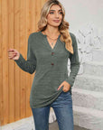 Rosy Brown Notched Neck Long Sleeve T-Shirt