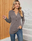 Rosy Brown Notched Neck Long Sleeve T-Shirt