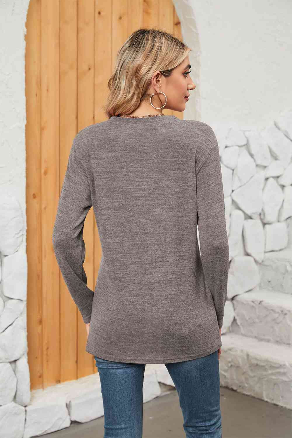 Rosy Brown Notched Neck Long Sleeve T-Shirt