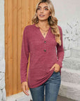 Rosy Brown Notched Neck Long Sleeve T-Shirt