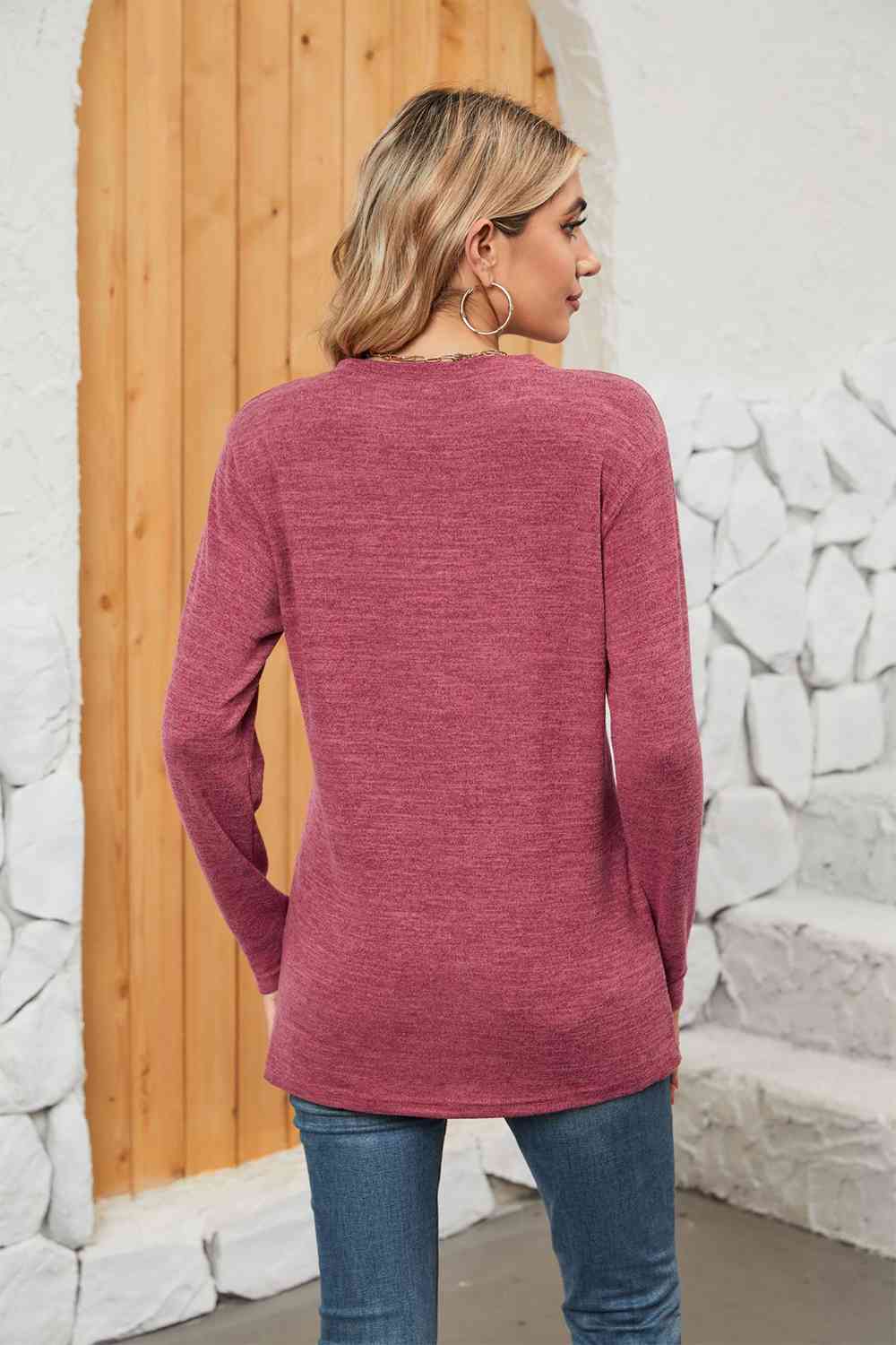 Rosy Brown Notched Neck Long Sleeve T-Shirt