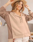 Tan BiBi Half Button Exposed Seam Contrast Waffle Top