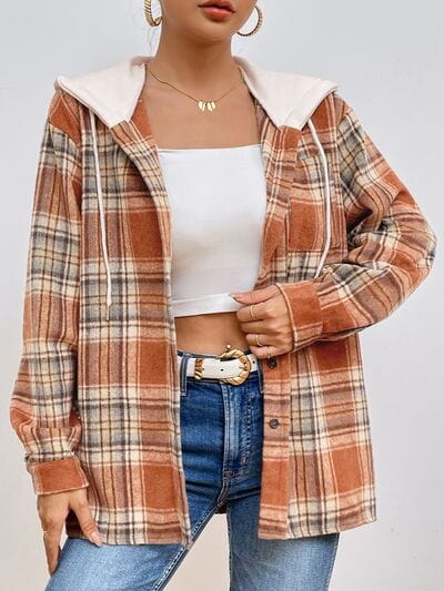 Light Gray Plaid Button Up Drawstring Hooded Jacket