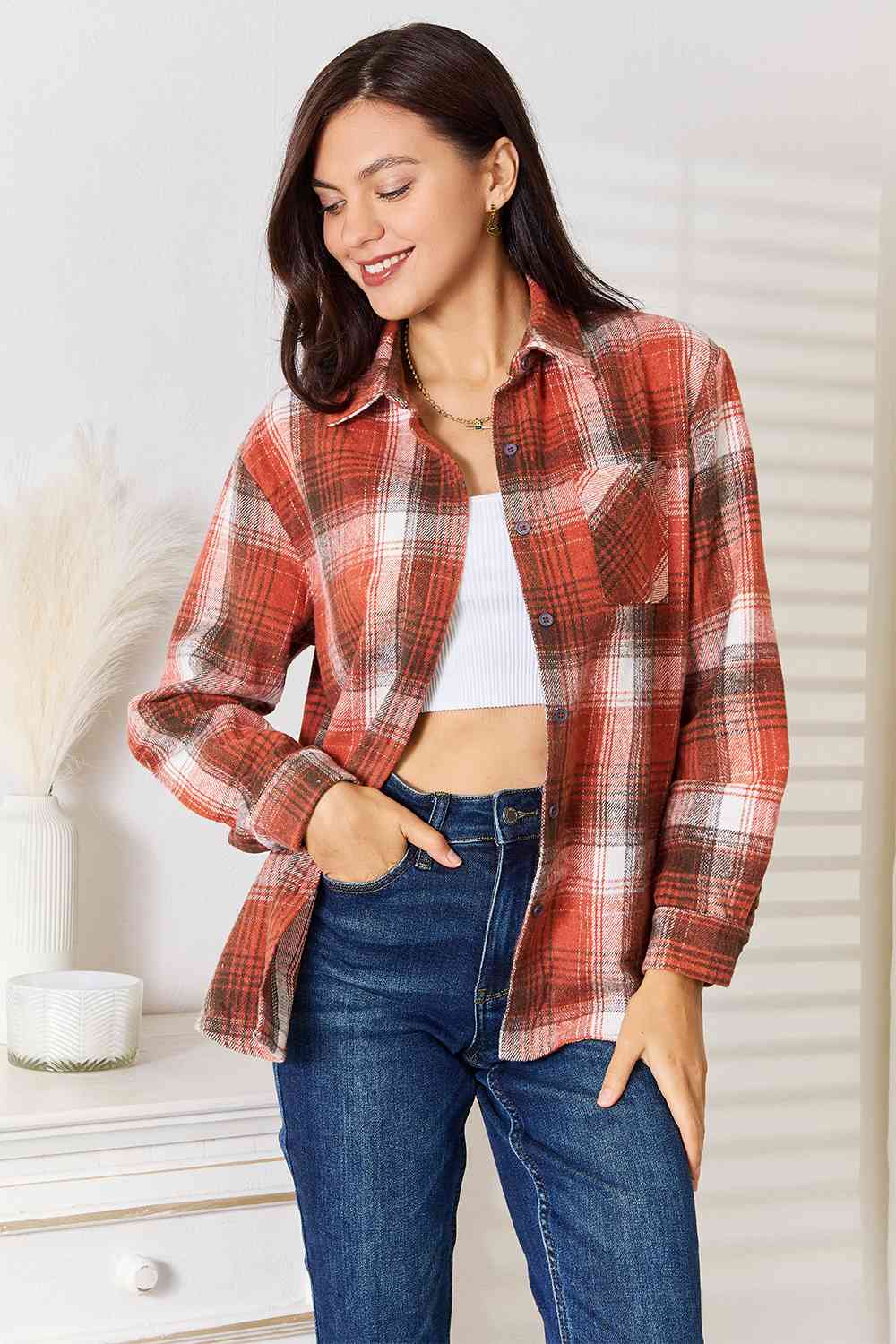 Light Gray Double Take Plaid Collared Neck Long Sleeve Shirt