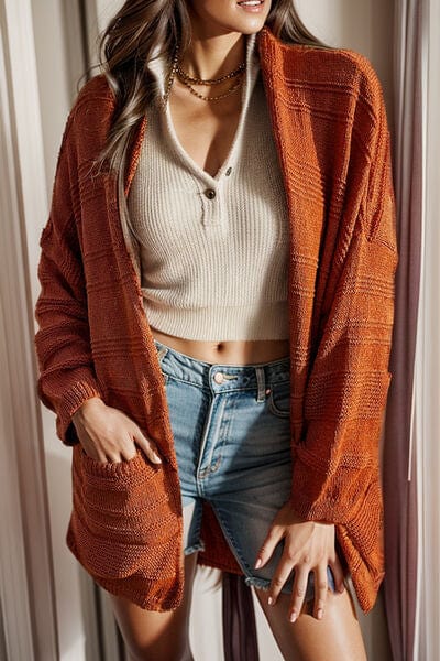 Saddle Brown Open Front Pocketed Dropped Shoulder Cardigan