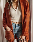 Saddle Brown Open Front Pocketed Dropped Shoulder Cardigan