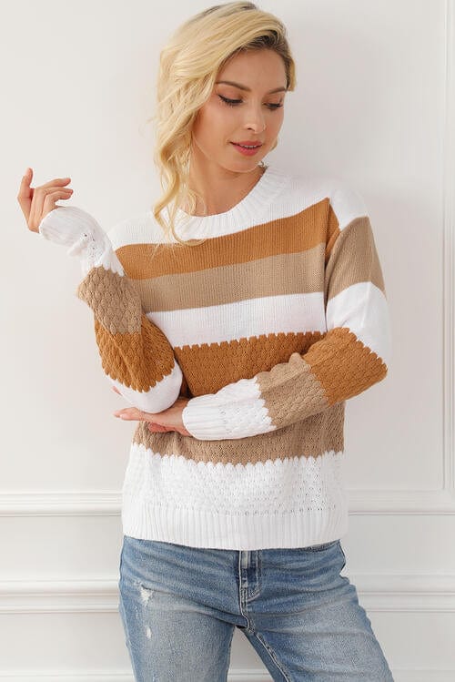 Light Gray Striped Round Neck Long Sleeve Knit Top