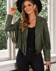 Gray Fringe Trim Lapel Collar Cropped Blazer