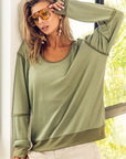 Dark Khaki BiBi Waffle Knit Contrast Trim Long Sleeve T-Shirt