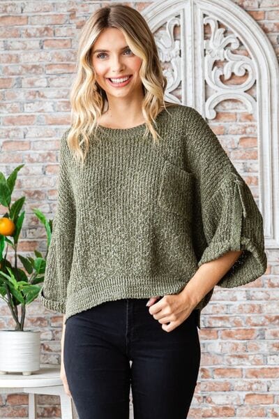 Gray Veveret Round Neck Roll-Up Sweater