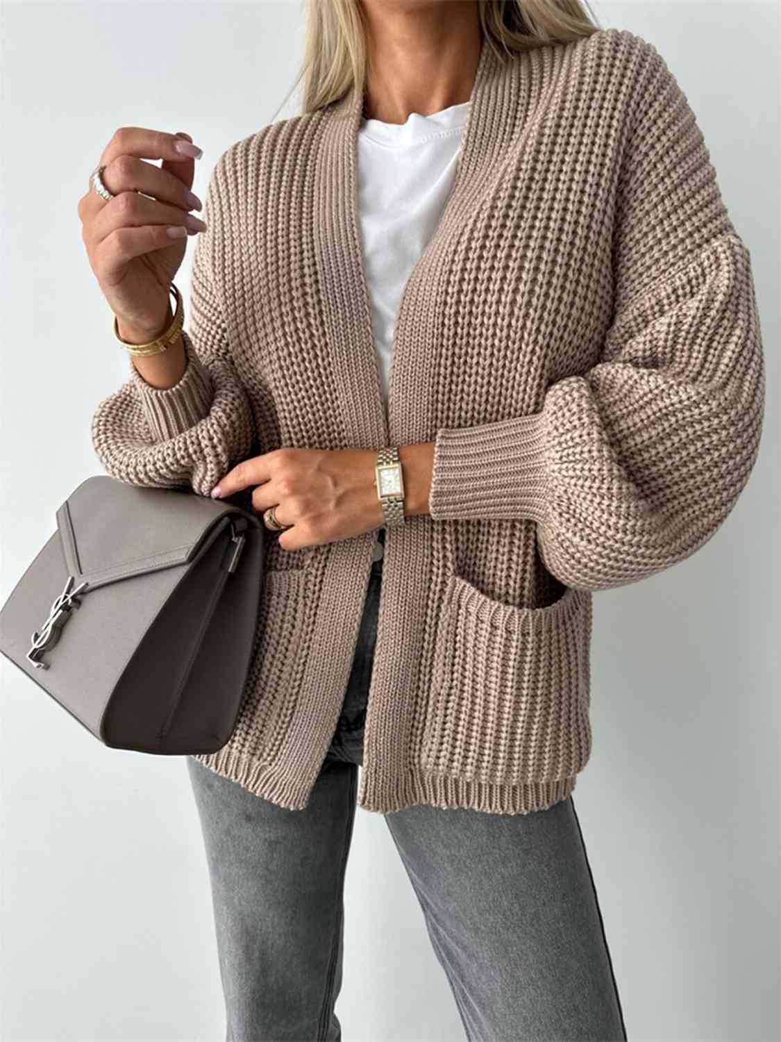 Gray Open Front Dropped Shoulder Cardigan