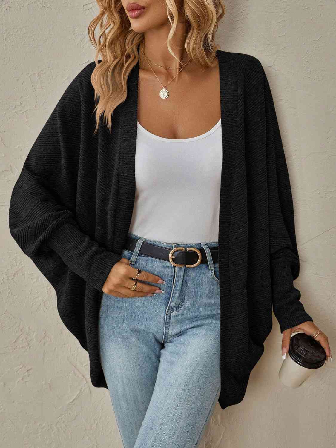 Dark Gray Open Front  Dropped Shoulder Cardigan