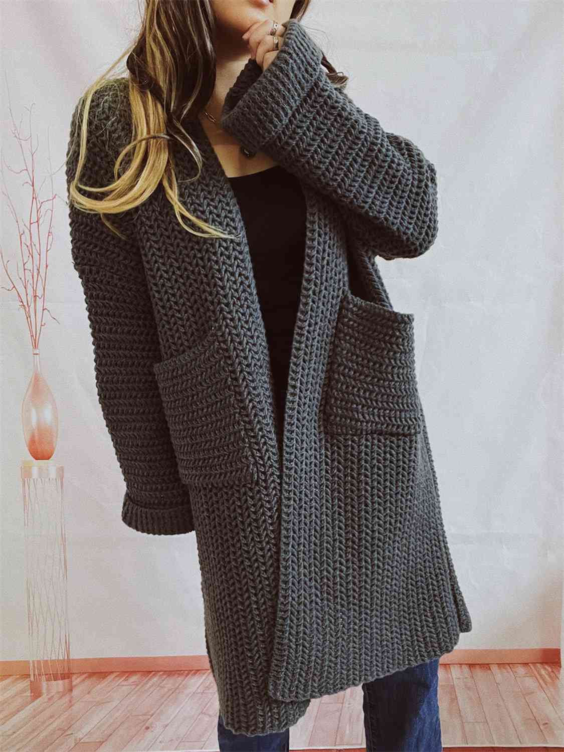 Dark Slate Gray Open Front Long Sleeve Cardigan with Pockets