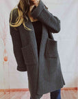 Dark Slate Gray Open Front Long Sleeve Cardigan with Pockets