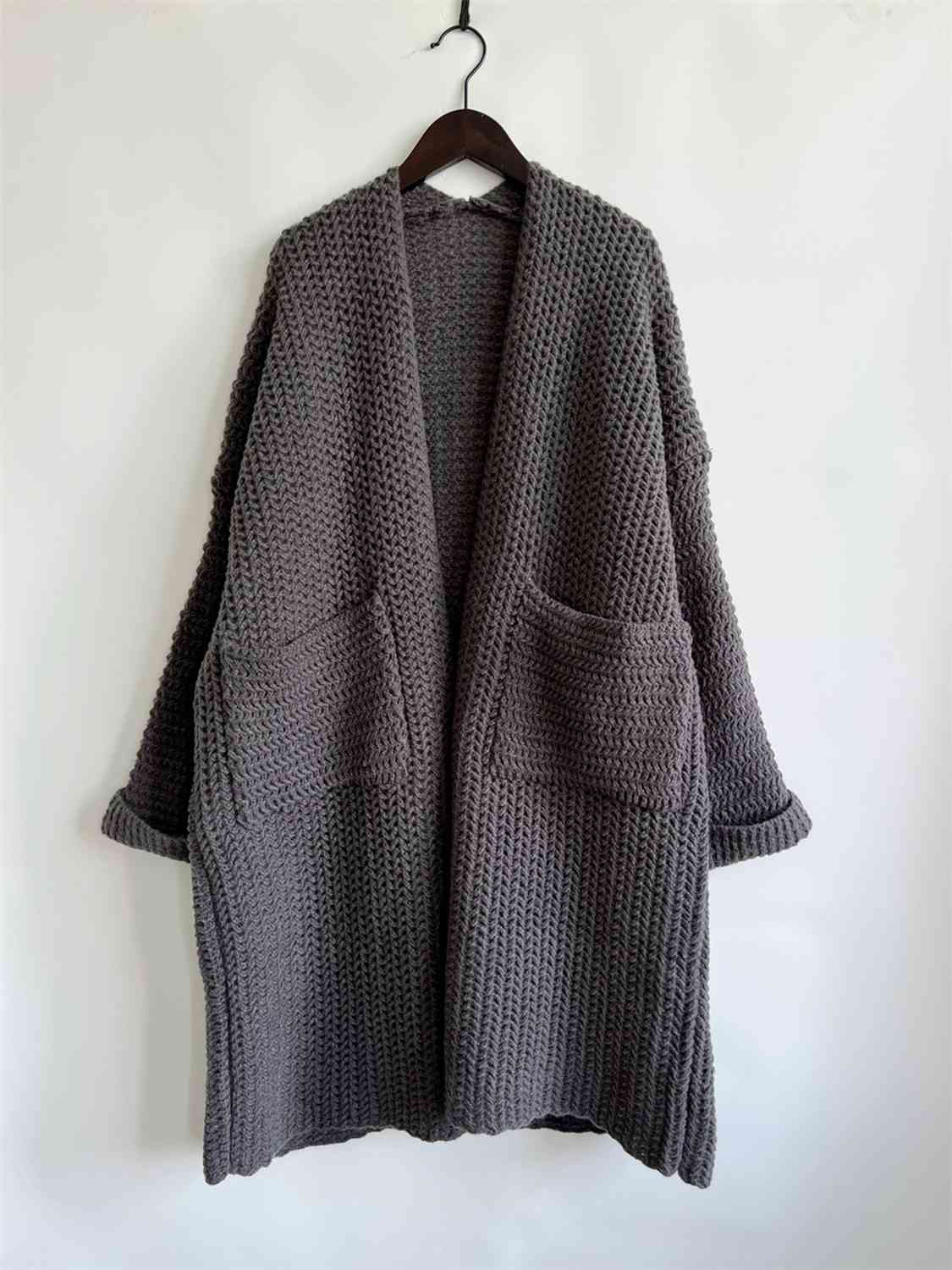 Dark Slate Gray Open Front Long Sleeve Cardigan with Pockets