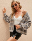 Tan Open Front Plaid Long Sleeve Cardigan